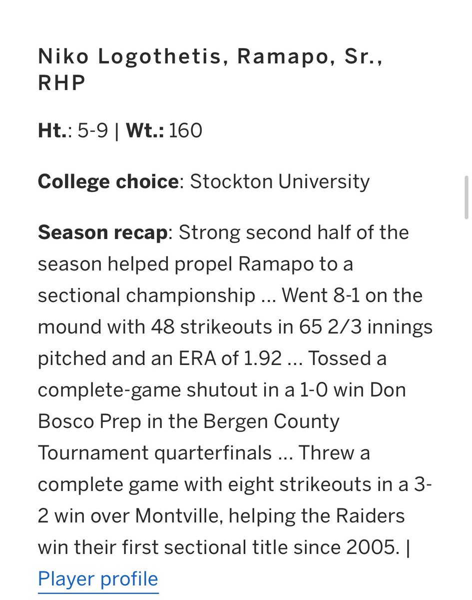 BaseballRamapo's tweet photo. One more award for @nikologo48 

3rd Team All State!!!!

#cl7 #ownthemound https://t.co/lB8nJP04WF