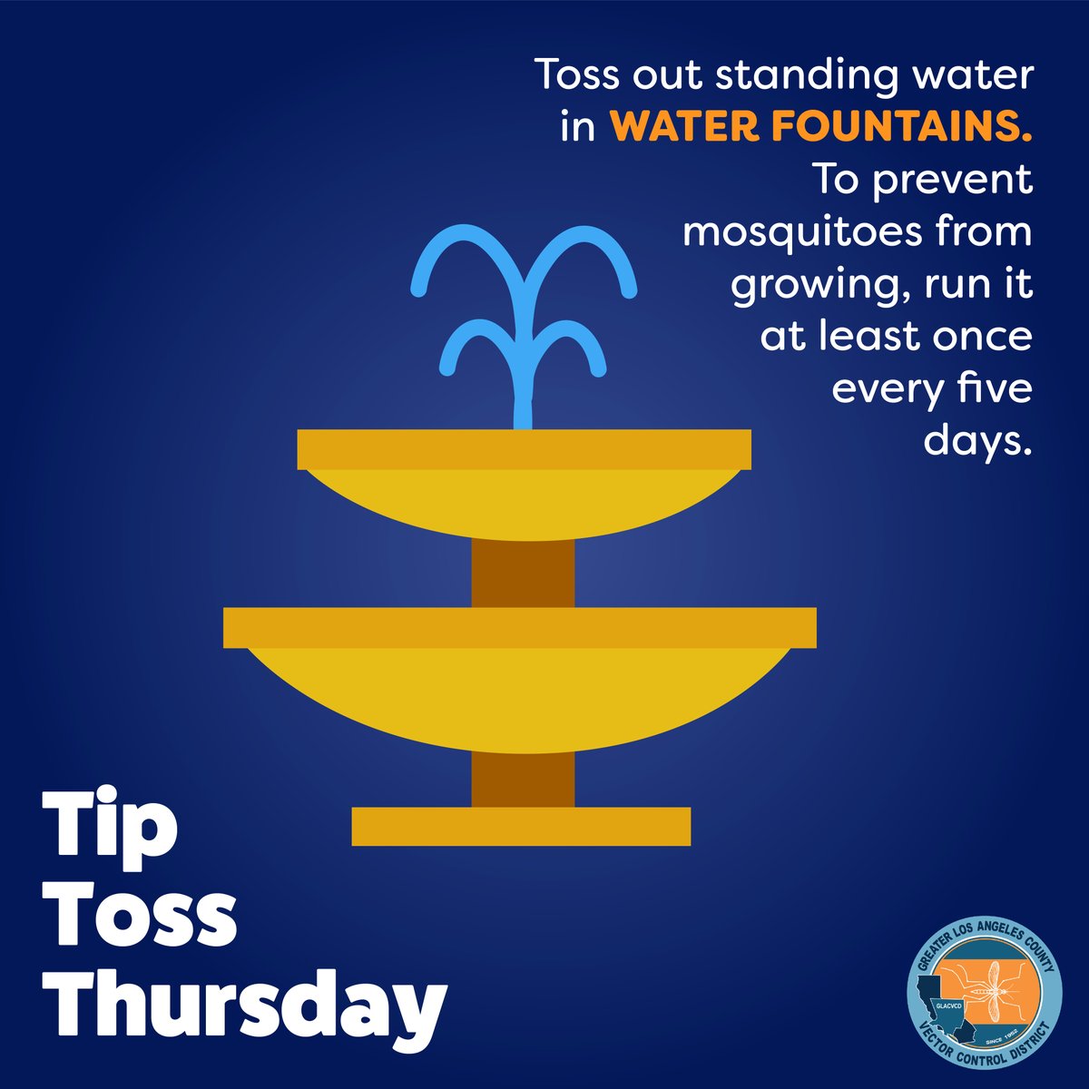 GLAmosquito's tweet photo. Water fountains are beautiful garden features but if they’re not running, they’re growing #mosquitoes. #Toss out any standing water and run it at least once a week. #TipTossThursday

 More Tips >> https://t.co/tHmWverNhI https://t.co/va4Uzvchh8