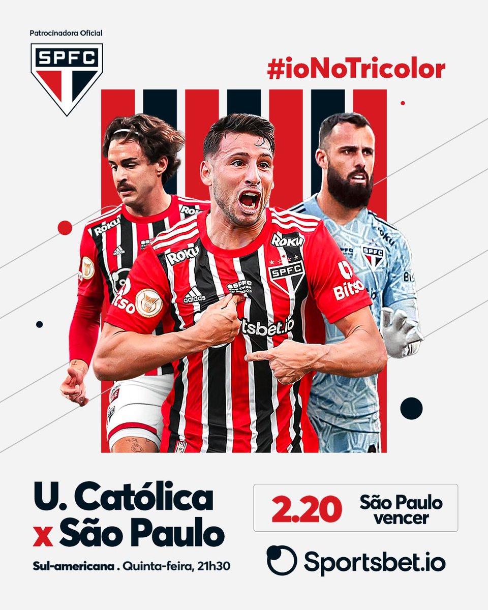 sportsbetiobr's tweet photo. É Tricolor na Sula!
O São Paulo volta a jogar na Sula, agora no Chile contra o Universidad Católica.
O Mais Querido quer trazer um bom resultado para o jogo de volta com apoio da sua torcida!
Para apostar, clique no link abaixo: https://t.co/TdA8jUz619
#ioNoTricolor #SPFFC https://t.co/Q3SRchKaMP
