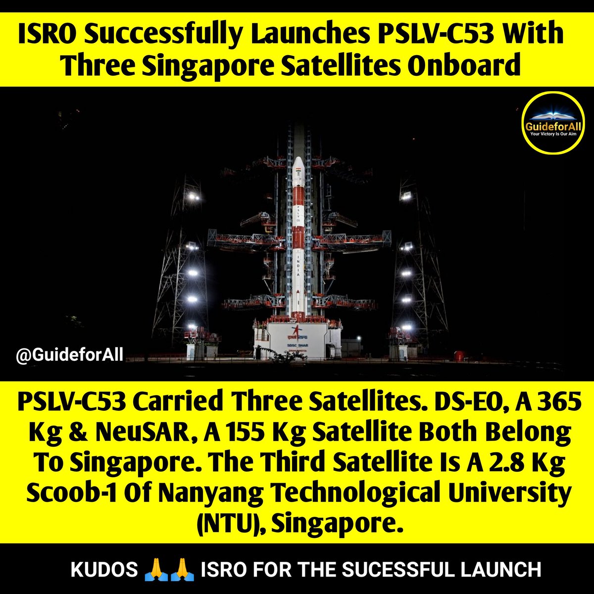 #ISRO successfully launches PSLV-C53 mission with 3 satellites from Singapore. #PSLVC53