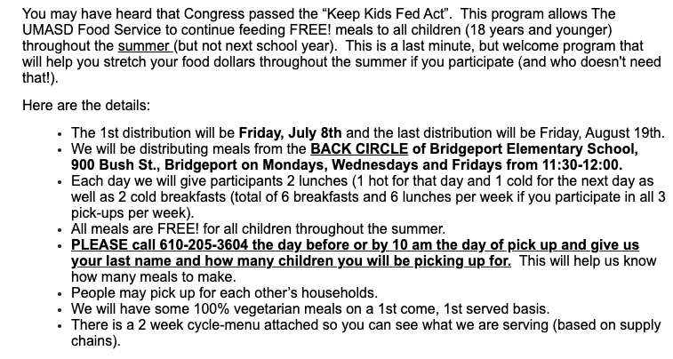Keep Kids Fed Act! Check out the info below and in your email as UMASD Food Services will again be providing free meals to children throughout the summer.