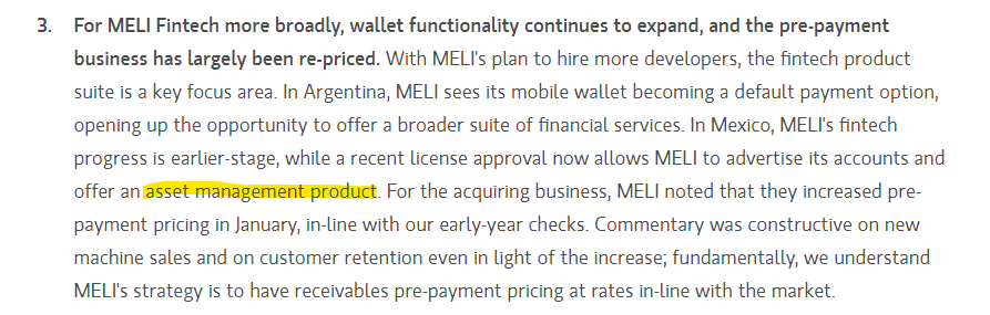 From MS. Asset management is a considerable upside risk to improve the wallet's engagement and profitability in the following years. According to my checks, the company hired a team dedicated to building an investment platform for $MELI.