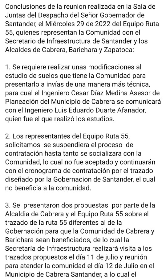 cabrerastereo's tweet photo. Conclusiones de la reunion realizada en la Sala de Juntas del Despacho del Señor Gobernador de Santander, el Miércoles 29 de 2022 del Equipo Ruta 55, quienes representan la Comunidad con el Secretario de Infraestructura de Santander y los Alcaldes de Cabrera, Barichara y Zapatoca https://t.co/srxvKQimIk
