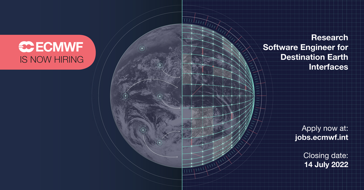 🌍🌐We are looking for a Research Software Engineer for #DestinationEarth Interfaces to join our #ECMWFDigitalTwins team.
You would be responsible for ensuring the platform will support and facilitate a wide variety of digital twins.
Apply by 14 July at jobs.ecmwf.int/displayjob.asp…