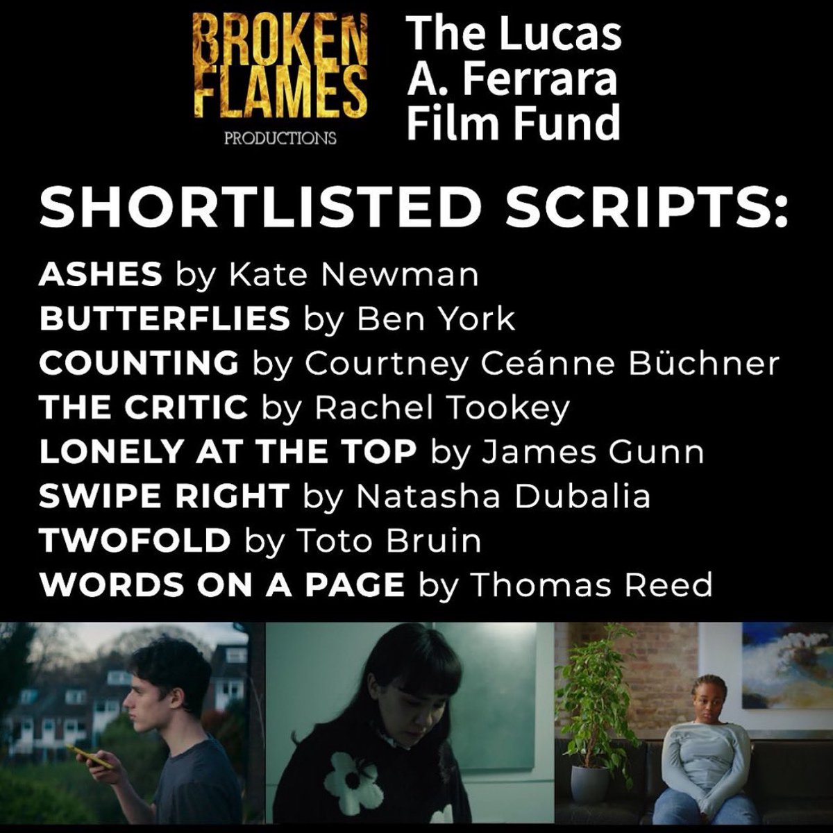 CourtneyBuchner's tweet photo. Honoured that “Counting” has been shortlisted for @BrokenFlamesPD and The @LucasAFerrara Film Fund!!

Obviously did a happy dance in the street. Guilty as charged. https://t.co/730moGWODO