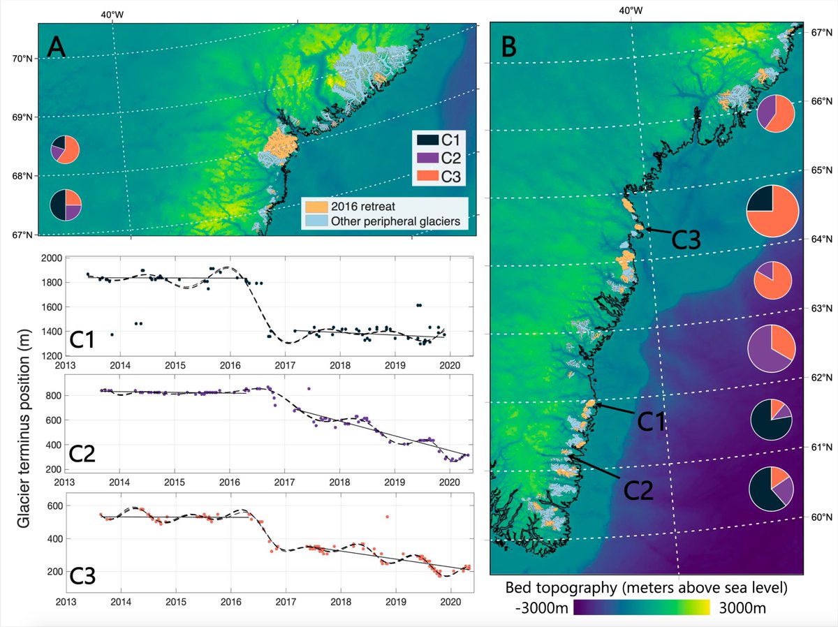 56 of 135 glaciers in SE Greenland retreated anomalously in 2016. The map outlines the retreated glaciers in orange &amp; the others in blue. Retreat was a step (type C1), increase in rate (type C2), or a combo of the two (C1+C2=C3). This level of synchronicity is unprecedented
