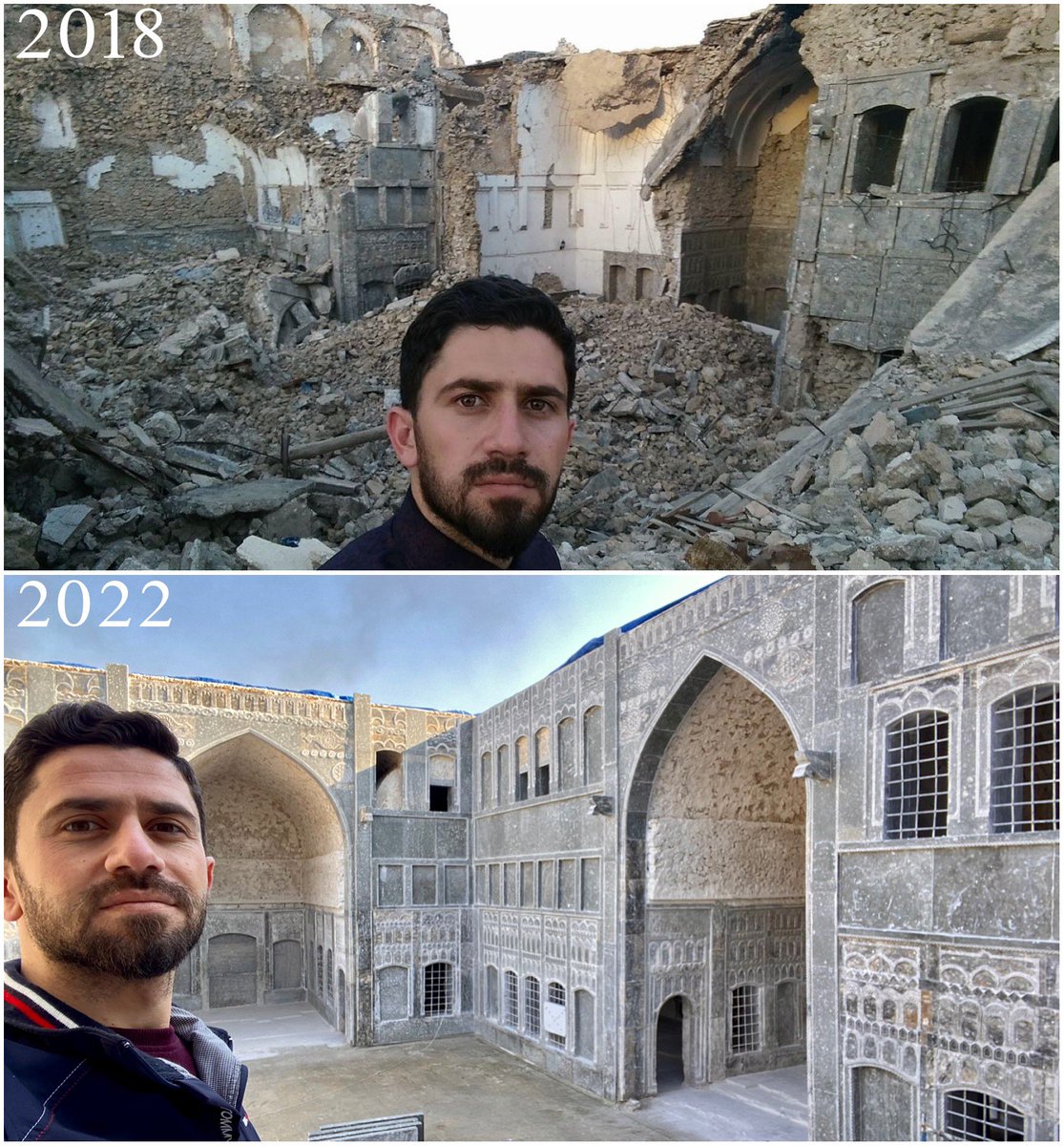 Al-Totanji Heritage House in #Mosul
A story of hope
 I stood on its ruins in pain in 2018
And today, pictures speak louder than words ،It was destroyed by the war and was reconstructed by the Nineveh Department of Antiquities and the support of <a href="/ALIPHFoundation/">ALIPH Foundation</a> 
#تراث_الموصل
