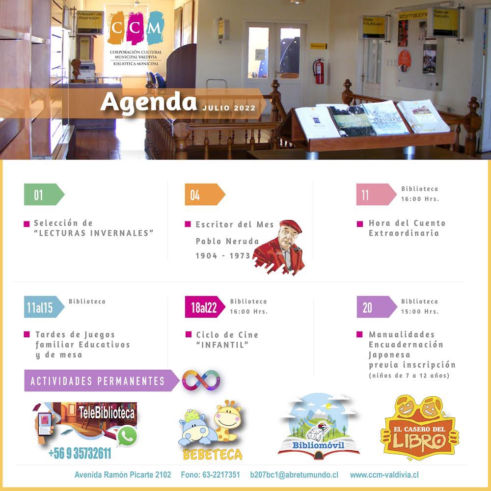 Mañana <a href="/bibliotecavaldi/">Biblioteca valdivia</a> renueva sus actividades mensuales, acá les dejamos su calendario de julio.
▪️Para más informaciones puedes llamar de lunes a viernes al☎️ 63 2217351 <a href="/Carla_Amtmann/">Carla Amtmann Fecci</a> <a href="/munivaldivia/">MuniValdivia</a> <a href="/MunicipalVald/">Teatro Municipal Val</a> <a href="/INJUVLosRios/">INJUV Los Ríos</a> <a href="/BPLosRios/">Red Bibliotecas Públicas Los Ríos</a> @eligecultura <a href="/culturaslosrios/">Culturas Los Ríos</a>