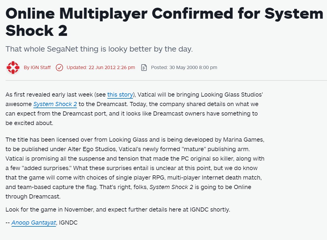 dclivenet's tweet image. Pumped! Can&apos;t wait for this! #Dreamcast #SystemShock2 #SegaNet