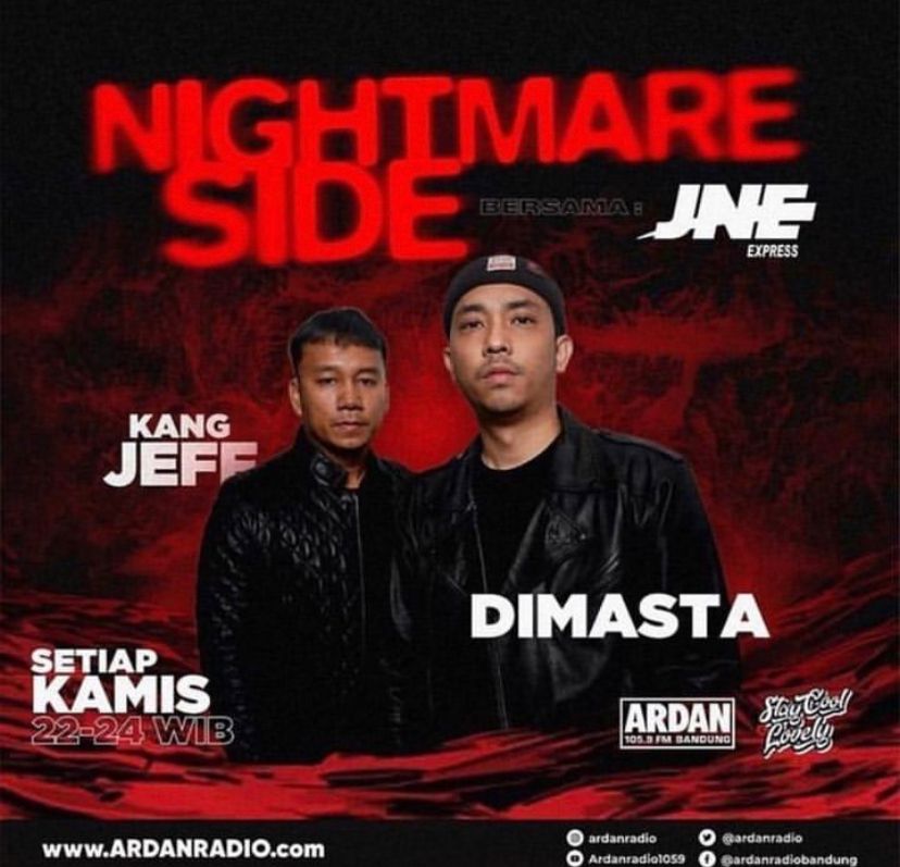 Selamat malam jumat insan muda, waktunya #Nightmareside
⁣
akan ada 3 cerita pengalaman nyata insan muda, yang akan kamu dengarkan secara on air di Ardan Radio barengan 
@dimastaARDAN &amp; Kang Jeff
 
Dan Selalu ingat! Jangan pernah dengerin nightmareside ini SENDIRIAN!