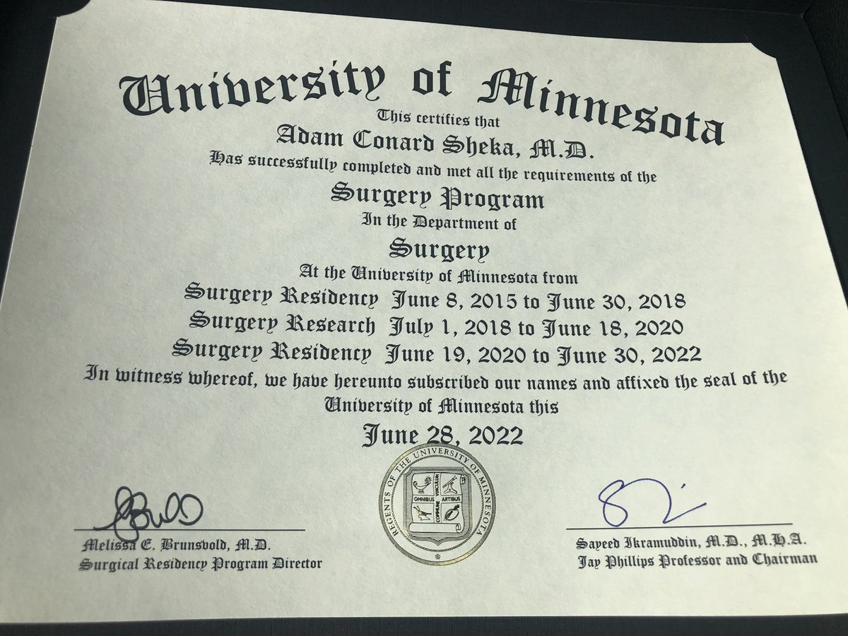 *Officially* done with surgery residency today. Thank you to everyone <a href="/UMNSurgery/">UMN Surgery</a> for a fantastic 7 years. Can't wait to start critical care fellowship <a href="/UMichSurgery/">Michigan Surgery</a> in a month, and absolutely thrilled to be joining the team <a href="/RegionsHospital/">Regions Hospital</a> next year.