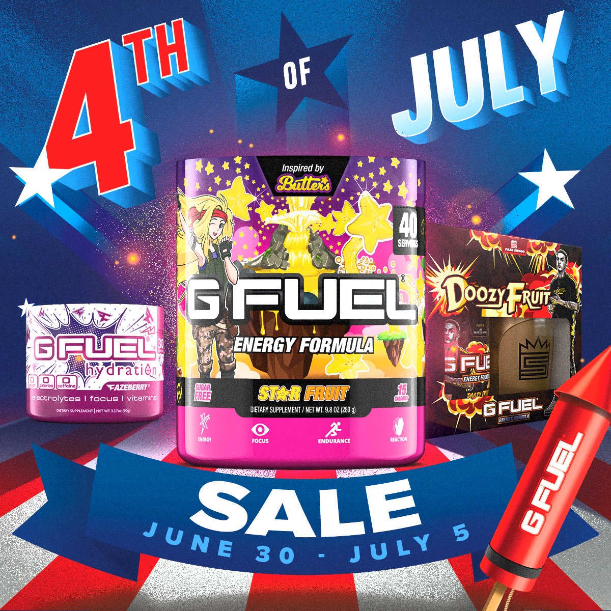 GFuelEnergy's tweet photo. 💙 𝗟𝗜𝗞𝗘 + 𝗥𝗧 to win a #GFUEL ITEM of your choice! Picking 2 winners this weekend in celebration of our #FourthofJuly SALE!

🇺🇸 Collector's Boxes + Energy &amp; Hydration Tubs + Starter Kits = ON SALE!

🧨 CODE "FIREWORK" = EXTRA 20% OFF!

🛍️ 𝗦𝗛𝗢𝗣: https://t.co/PYUIy3FTak https://t.co/LTYw9HErGK
