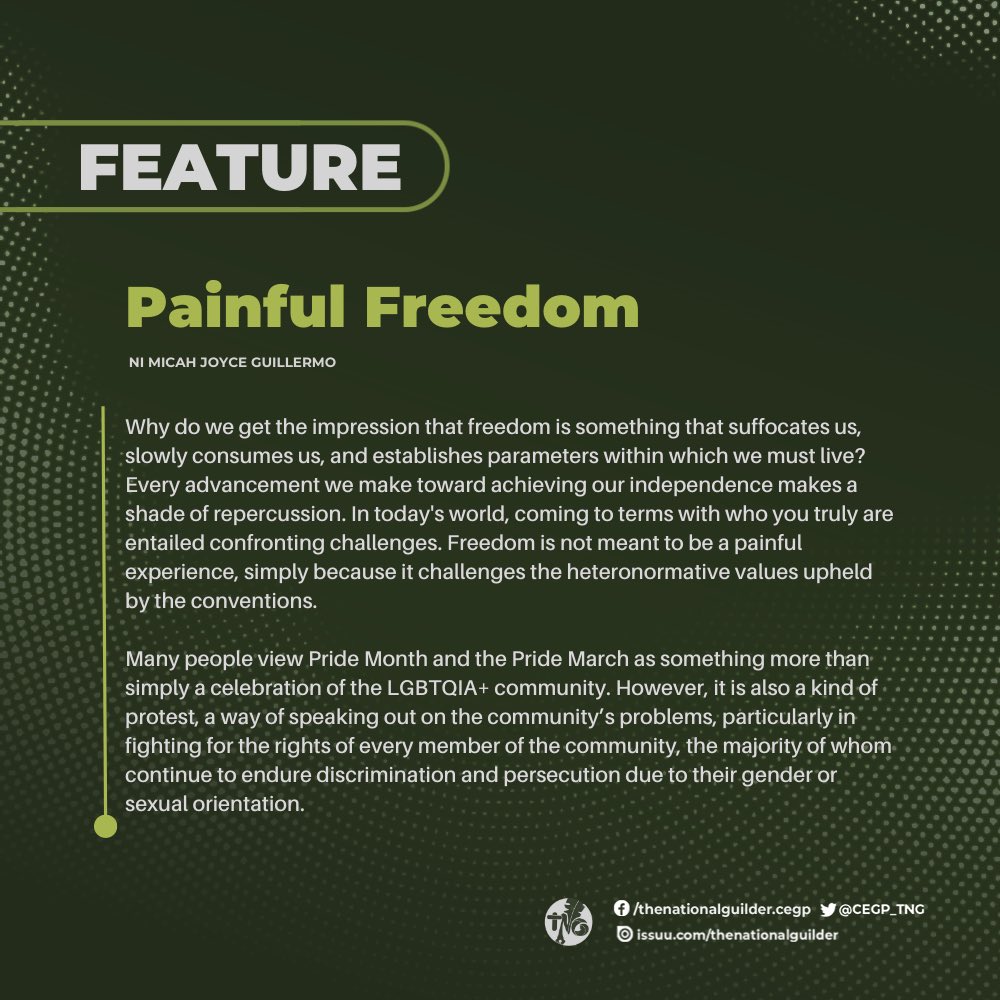 CEGP_TNG's tweet photo. Painful Freedom
by Micah Joyce Guillermo

Why do we get the impression that freedom is something that suffocates us, slowly consumes us, and establishes parameters within which we must live? https://t.co/B4hBTdhCNW