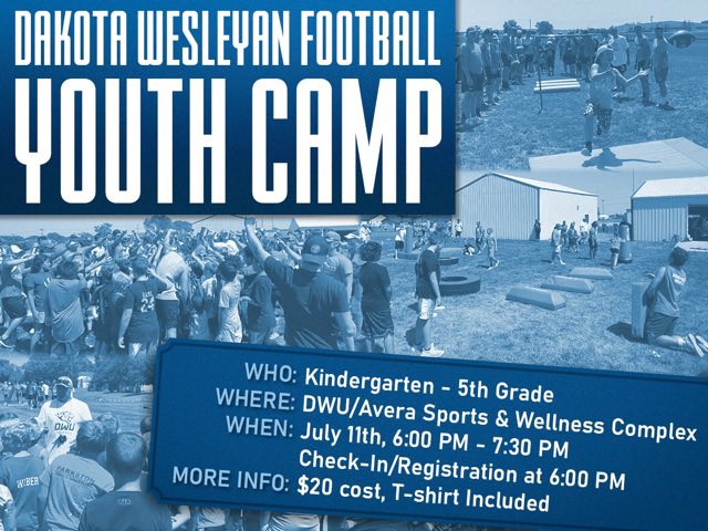 DWU Football Upcoming events:

July 8th-DWU Shoot and Putt
store.dwu.edu/footballfundra…

July 11th-Prospect Camp
store.dwu.edu/FootballCamp

July 11th-K-5th Kids camp
store.dwu.edu/FootballYouthC…

Get signed up and see you in July! #bleedblue