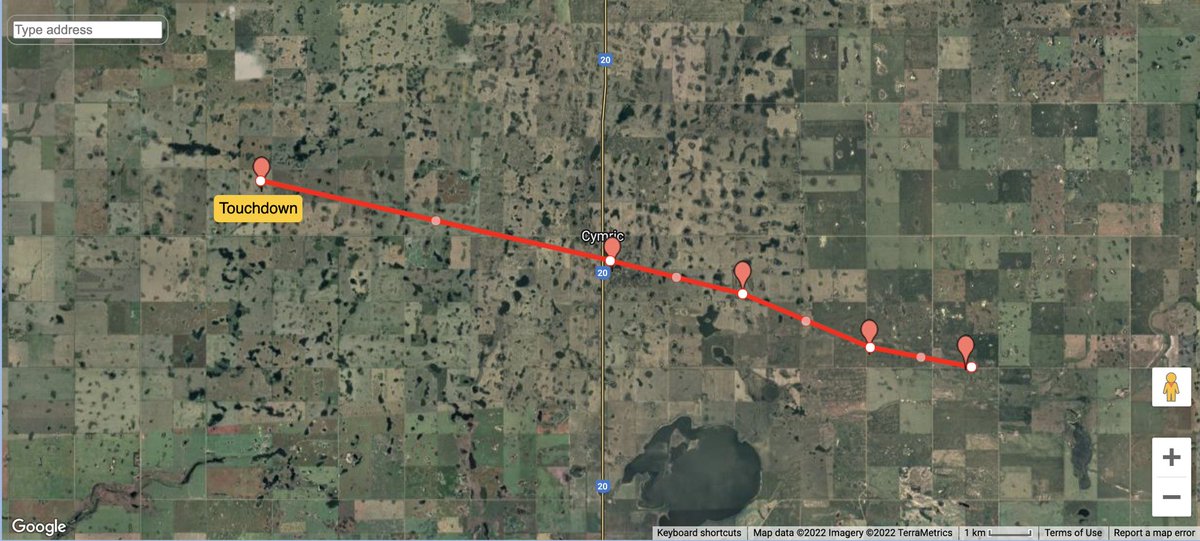 ChadCardiff's tweet photo. @NTP_Reports @PQuinlanGlobal @westernuNTP Here’s the estimated route with pins at known damage locations. https://t.co/LokSiPH34v