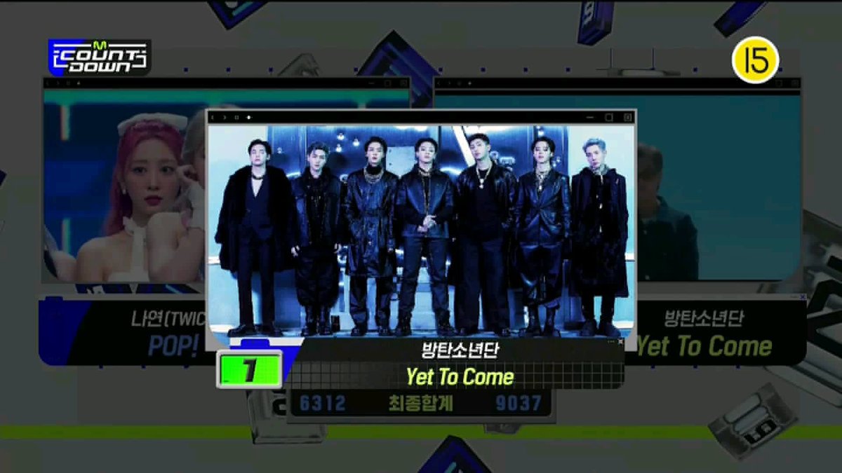 — #YetToCome de BTS obtuvo el  #1 lugar en M Countdown este semana, convirtiéndose en su novena victoria. De esta forma, también obtiene su triple corona en el show. 

#YetToCome9thWin @BTS_twt