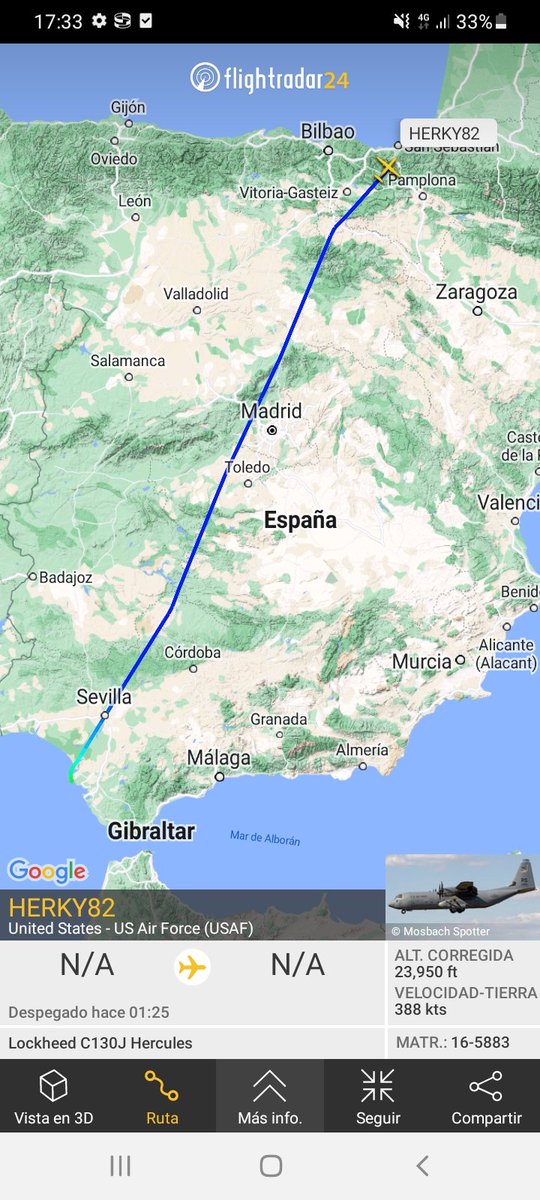 MilRadar's tweet photo. 🇺🇸 #USAF C-130J-30 Hércules 16-5883 del #37thAS despega desde #Rota y con rumbo N sobrevuela #Tolosa https://t.co/bPFyOeMxQS