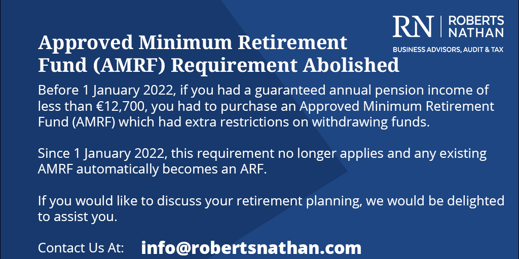 #AMRF requirement has been abolished.

Since January 1st 2022 any existing AMRF automatically becomes an ARF.

#pension #retirement #accounting #accountingandaccountants #accountants
