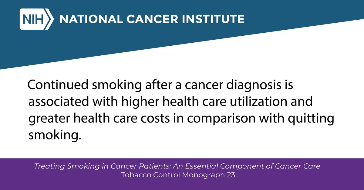 #DYK that #smoking after a #cancer diagnosis is associated with higher health care usage and greater health care costs in comparison with quitting smoking? Learn more in chapter 4 of the new NCI Tobacco Control Monograph 23: 
cancercontrol.cancer.gov/monograph23

#CostOfCancer #Survivorship