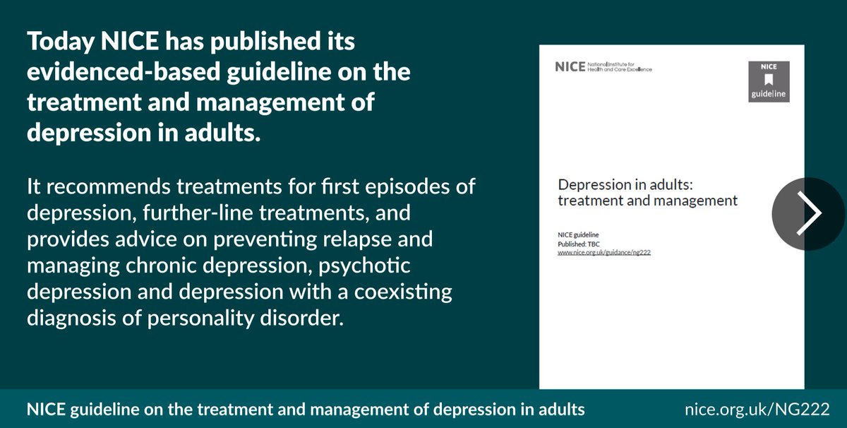 MattDigiPara's tweet photo. The new @NICEComms guidelines for identifying, treating and managing #depression in adults have been published today.The independent committee used the best evidence to recommend a menu of treatments options for #NHS patients.Access the guidelines: https://t.co/R9spGOFc5B #NG222 https://t.co/Ay3PHT99jg