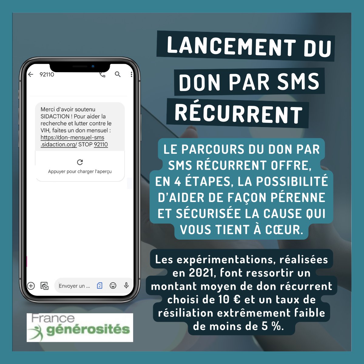 af2m (@myaf2m) on Twitter photo 📢Le #donparsms récurrent,via le débit sur facture #mobile, est officialisé pour les #associations françaises.Des premiers retours encourageants suite aux expérimentations de 2021:
-Montant moyen de #don par #sms récurrent de 10€
-Taux de résiliation de moins de 5% <a href="/generosites/">France générosités</a> 📢Le #donparsms récurrent,via le débit sur facture #mobile, est officialisé pour les #associations françaises.Des premiers retours encourageants suite aux expérimentations de 2021:
-Montant moyen de #don par #sms récurrent de 10€
-Taux de résiliation de moins de 5% <a href="/generosites/">France générosités</a>