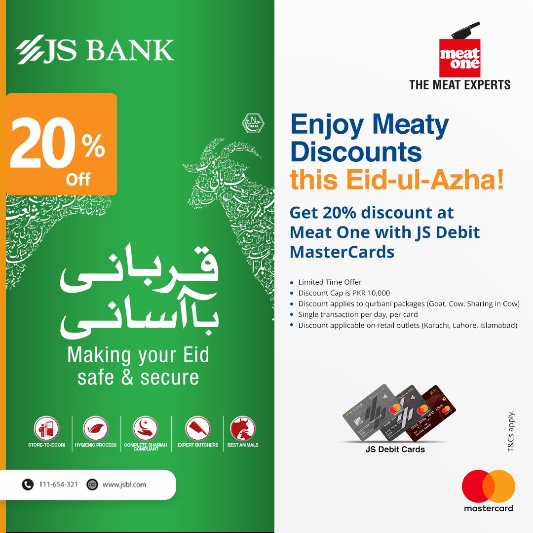JSBLPak's tweet photo. Double the happiness this Eid-ul-Azha by getting a 20% discount at Meat One on your JS Debit Mastercards!

#JSBank #MeatOne #JSDiscount https://t.co/8SK8snVCgr