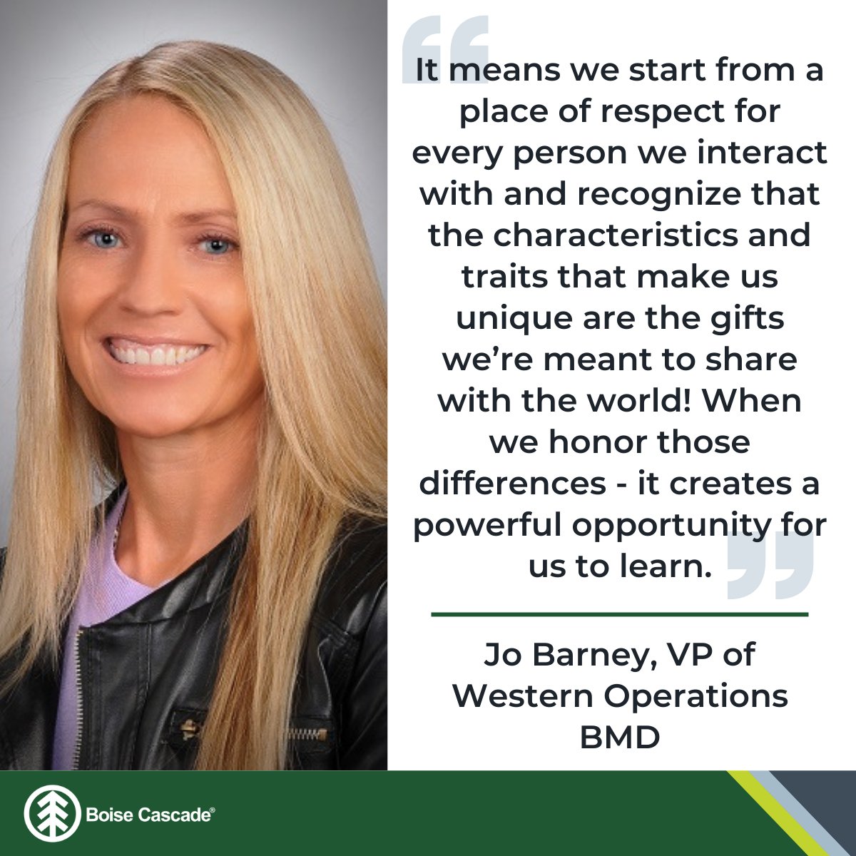 Boise_Cascade's tweet image. We sat down with our own Jo Barney, Vice President of Western Operations for BMD, and she shared what embracing differences means to her. 

#PrideMonth #DiversityEquityInclusion #EmbracingDifferences #BoiseCascade
