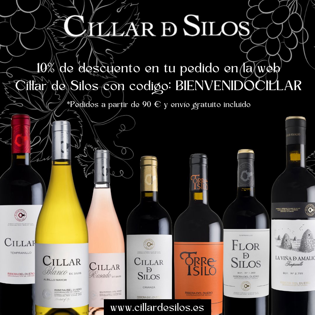 Con el código: BIENVENIDOCILLAR consigue un 10% de descuento en tu compra en nuestra tienda online en todos lo vinos 🍷 de Cillar de Silos, por pedidos superiores a 90 € y envío gratuito. #CillardeSilos #Tiendaonline #EnviosatodaEspaña #Bienvenidocillar #RiberadeDuero