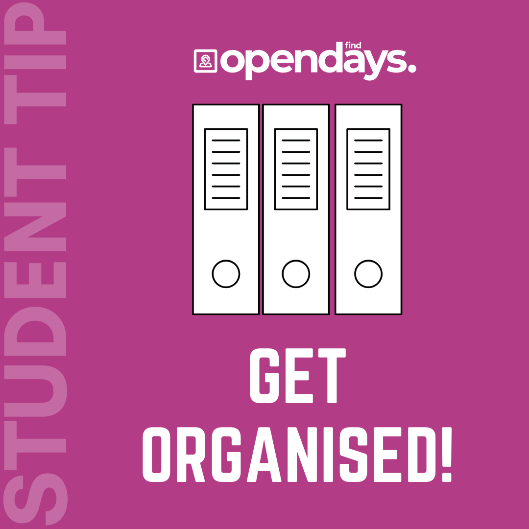 Organisation is key!

Making a plan for what you're going to do and when you're going to do it will make you feel better prepared. Whether it's deadlines, revision, your desk, or room, it's important to stay organised.

#FindOpenDays #Organisation #Stress