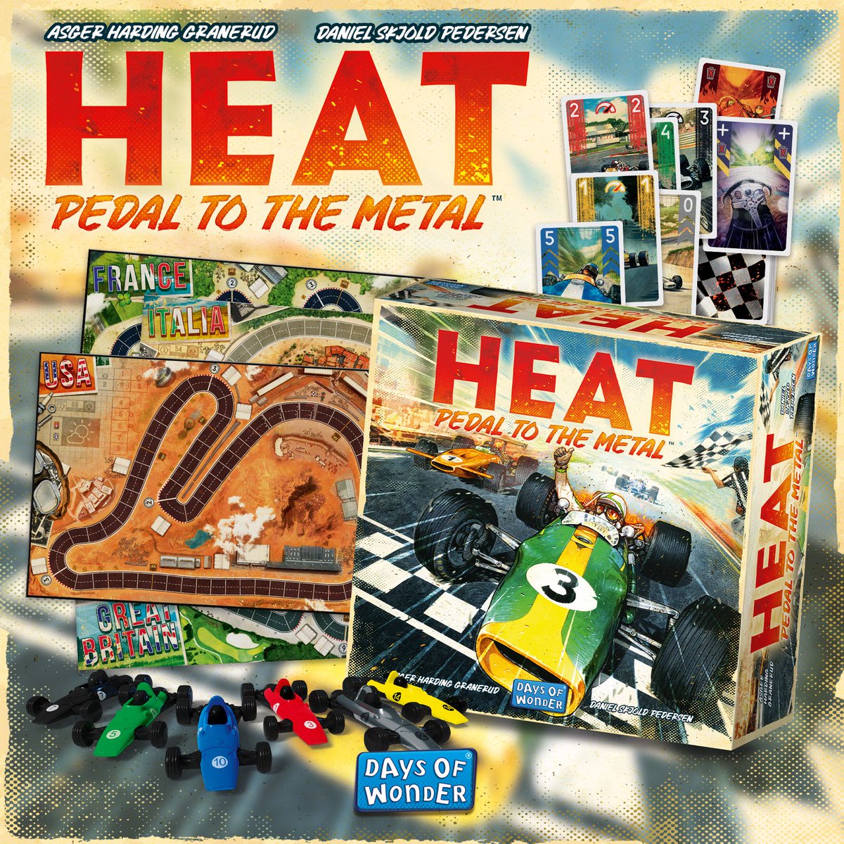 There's no prize for crossing the finish line in a pristine car so... Put your pedal to the metal! We're glad to announce the upcoming release Heat: Pedal to the Metal, a new formula one racing game set in the 1960s from Day of Wonder, who also brought you Ticket to Ride!