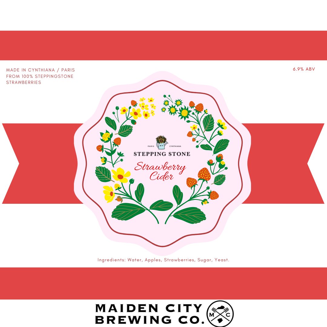 maidencitybrew's tweet photo. We are excited to announce this new cider! @steppingstonefarmky   has been a wonderful addition to the Cynthiana and Paris community. We were happy to partner with them to create our Stepping Stone Farm Strawberry Cider. Made with 100% Stepping Stone Strawberries. https://t.co/hZHYXaHjxh