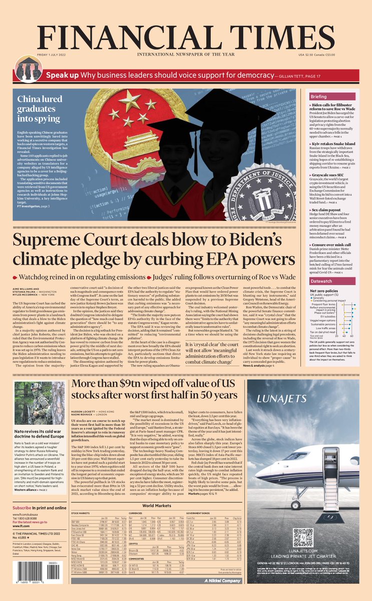 Just published: front page of the Financial Times, international edition, Friday 1 July on.ft.com/3I2bTAe