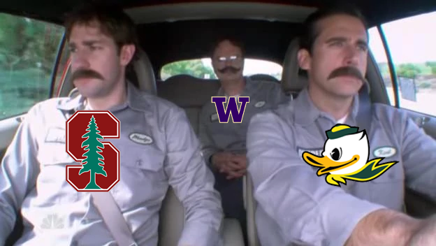 scoduckz's tweet photo. Oregon, uw, and stanford on their way to the big10 office right now. https://t.co/S9mQsmBSmm