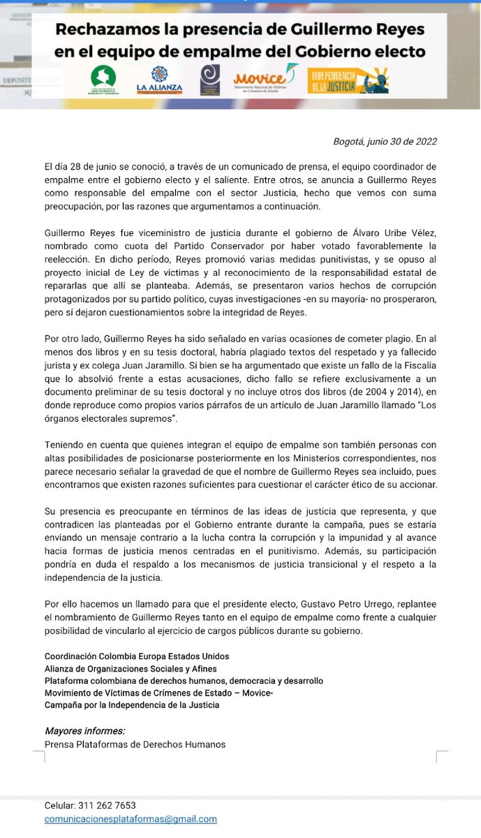 SaraTufanoZ's tweet photo. Organizaciones sociales y de DD. HH. hacen un llamado al presidente electo @petrogustavo para que replantee el nombramiento de Guillermo Reyes tanto en el equipo de empalme como frente a cualquier posibilidad de vincularlo al ejercicio de cargos públicos durante su gobierno. https://t.co/MvvjWhK8Yp
