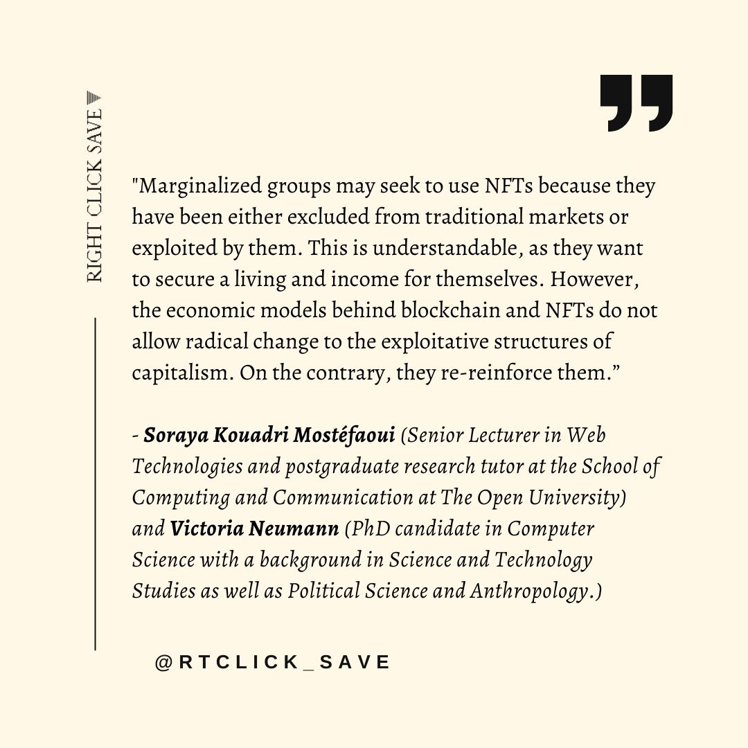 "[T]he economic models behind #blockchain and #NFTs do not allow radical change to the exploitative structures of capitalism. On the contrary, they re-reinforce them." - Soraya Kouadri Mostéfaoui &amp; Victoria Neumann 

👉go.rightclicksave.com/3bGdAXY