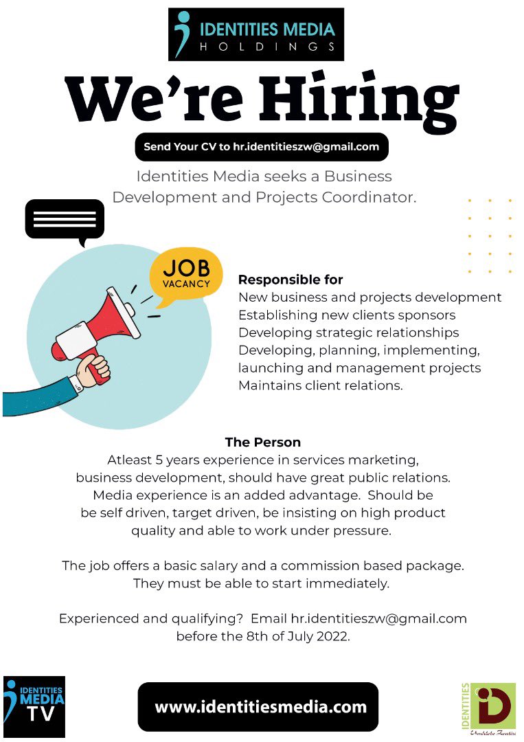 We are hiring! 

This maybe someone’s break through and answered prayers. 

<a href="/Nyarimash/">Advocate Nyari Mashayamombe</a> <a href="/EGadzikwa/">eve gadzikwa</a> <a href="/DivineNdhlukula/">Divine Ndhlukula</a> <a href="/Mandla_NN/">Mandla N</a> <a href="/SlymediaproTv/">SlyMediaTv</a> <a href="/MAZ_Zim/">Media Alliance Zim</a> <a href="/263Chat/">263Chat.com 🇿🇼</a> <a href="/citezw/">CITE</a> <a href="/bbmhlanga/">Dhara Blessed Mhlanga</a> <a href="/IDentitiesZW/">IDentitiesUmhlobo</a> <a href="/iMisred/">MISRED</a> <a href="/organize4zim/">#Participate4Dev</a> <a href="/tagalife/">Tag a Life Int(TaLI)</a> <a href="/kubatana/">Kubatana</a> <a href="/samkebusiness/">Samkeliso Tshuma</a> @CEOMagazineEMEA