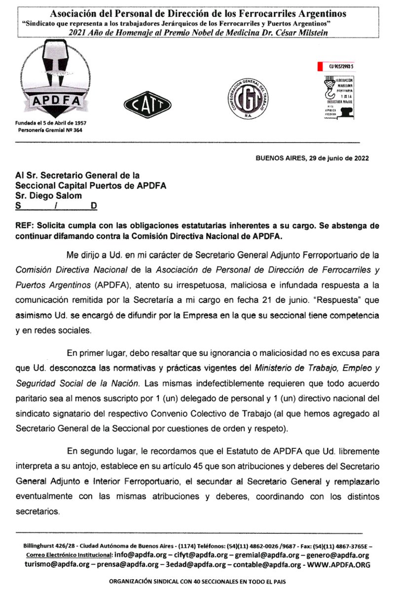 APDFApuertosOK's tweet photo. Adjuntamos respuesta dirigida al Secretario General de la Seccional Capital Puertos de @AGPuertos dado su desconocimiento de las normativas vigentes en el ámbito paritario. https://t.co/tyi3I7M9vd