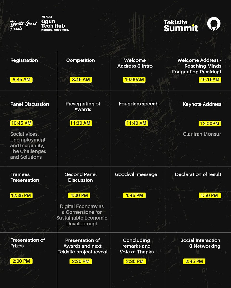 Tekisite_'s tweet photo. TEKISITE SUMMIT AGENDA!
What Panel Session are you most looking forward to?
Let us know!
#tekisiteogun #tekisitesummit #techogun #tech https://t.co/Dtz4MXhmjE