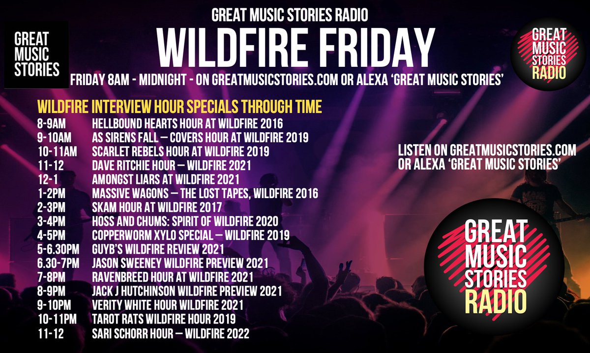 For those not making the journey to <a href="/WildFireFestUK/">WILDFIRE</a> this weekend, a Friday run of artist specials over time to enjoy, inc <a href="/HBHuk/">Hellbound Hearts</a> <a href="/assirensfall/">AS SIRENS FALL</a> <a href="/ScarletRebels/">Scarlet Rebels</a> <a href="/MassiveWagons/">Massive Wagons</a> <a href="/VeeBear/">Voshy</a> <a href="/SariSchorr/">Sari Schorr</a> <a href="/tarot_rats/">Tarot Rats</a> <a href="/JackJHutchinson/">Jack J Hutchinson</a> <a href="/13_Stars1/">Thirteen Stars</a> <a href="/copperwormUK/">Copperworm</a> <a href="/amongstliars/">Amongst Liars</a> <a href="/SKAM_UK/">SKAM</a> &amp; more