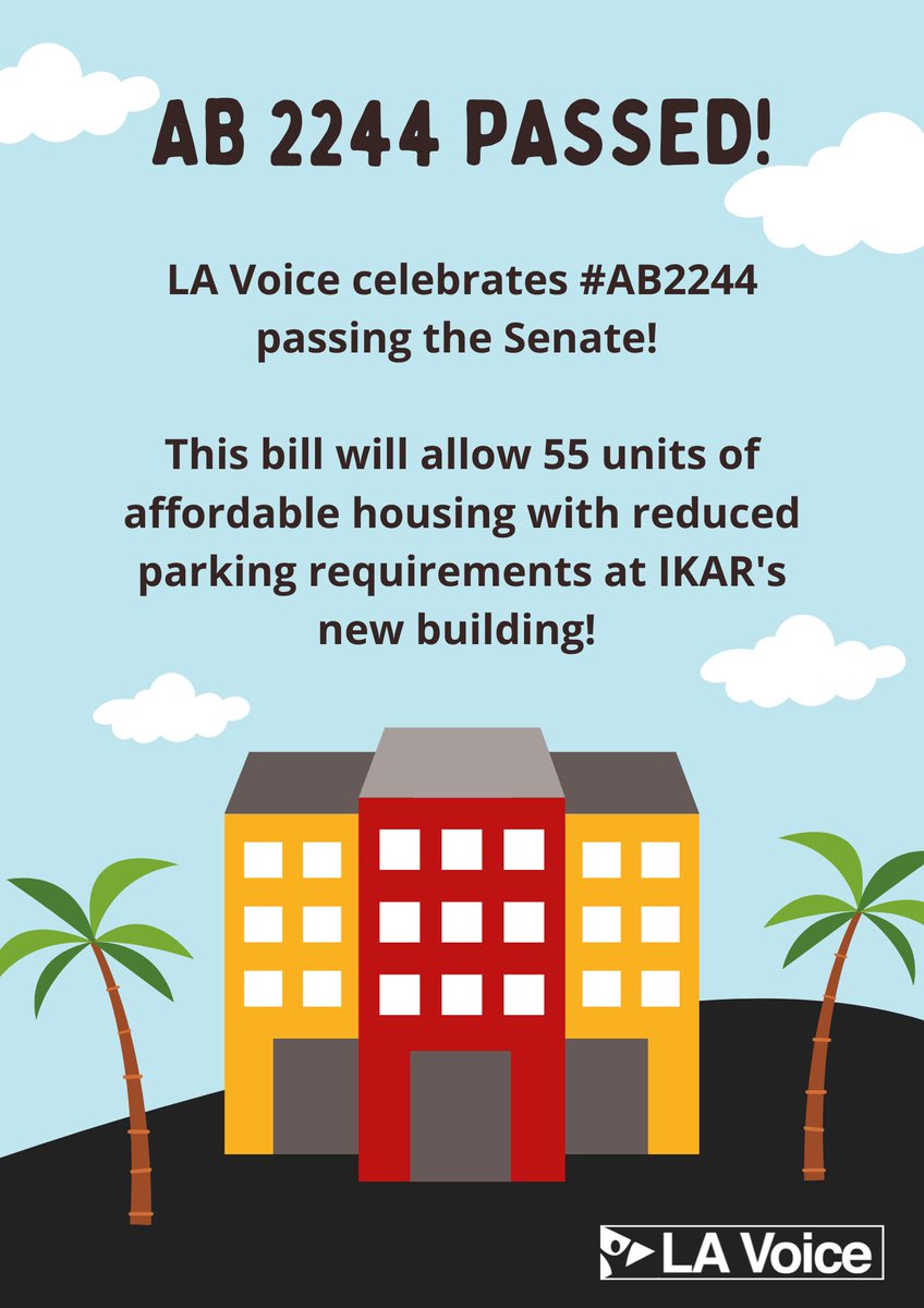 LA Voice celebrates #AB2244 passing the Senate! This bill will allow 55 units of affordable housing with reduced parking requirements at @IKAR_LA 's new building! Wonderful work by @AsmBuffyWicks, @NPHANC, @BWirtschafter!