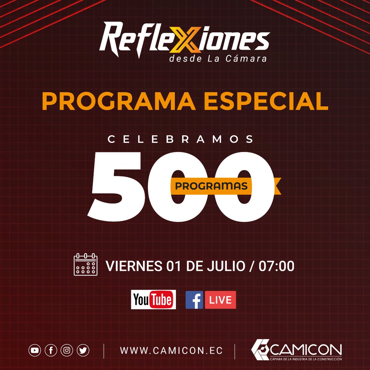 leopoldo1260's tweet photo. MAÑANA A LAS 🕖 07:00 am #Reflexiones de la @camicon_ec llega a sus 500 programas 🥳🥳y queremos celebrarlo con nuestros constructores, invitados y público en general.
NO SE LO PUEDEN PERDER!!🥳🥳, mañana los esperamos en este espacio de comunicación.
#500Programas
#CAMICON https://t.co/wUjJqWSrVT