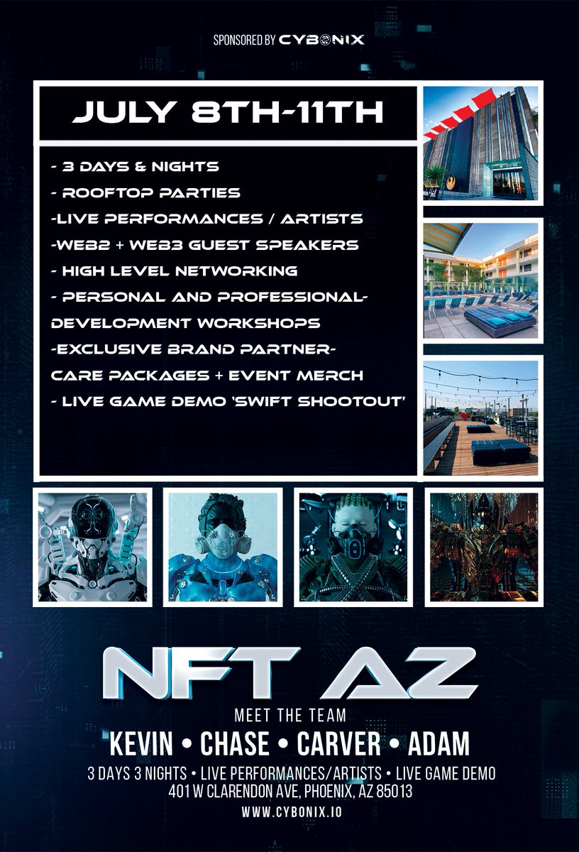 We are happy to announce that we will be attending NFT AZ on behalf of the Chillin Chameleons and other awesome projects! 

July 8th - July 11th in Phoenix, AZ 🌵 

Meet Kevin, Chase, Carver, and Adam, as well as other great founders and holders!