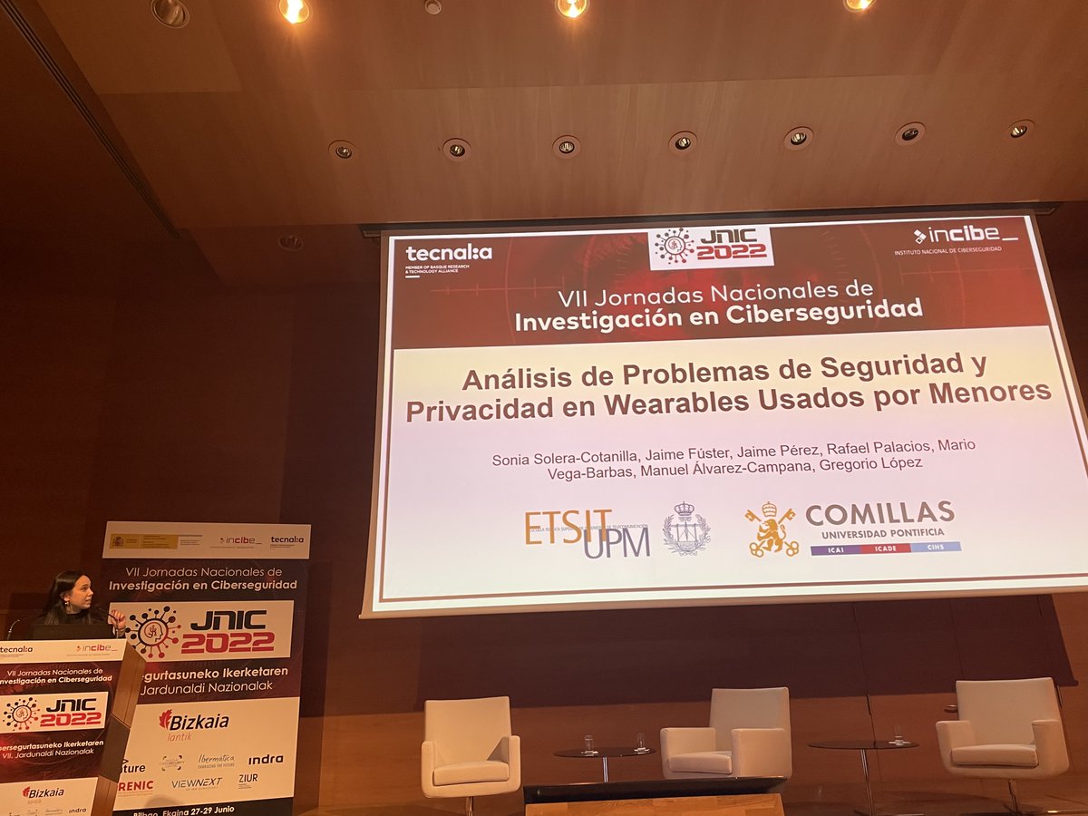 RSTI_UPM's tweet photo. This week @VictorVillagra, Mario Sanz, @carmenzas107, @xavicolarriva and @soniasolera attended the VII National Conference on Cybersecurity Research #JNIC2022 at the Euskalduna Palace in Bilbao as speakers of different works in the field of #cybersecurity @tecnalia @INCIBE https://t.co/RmFNMwcRqT