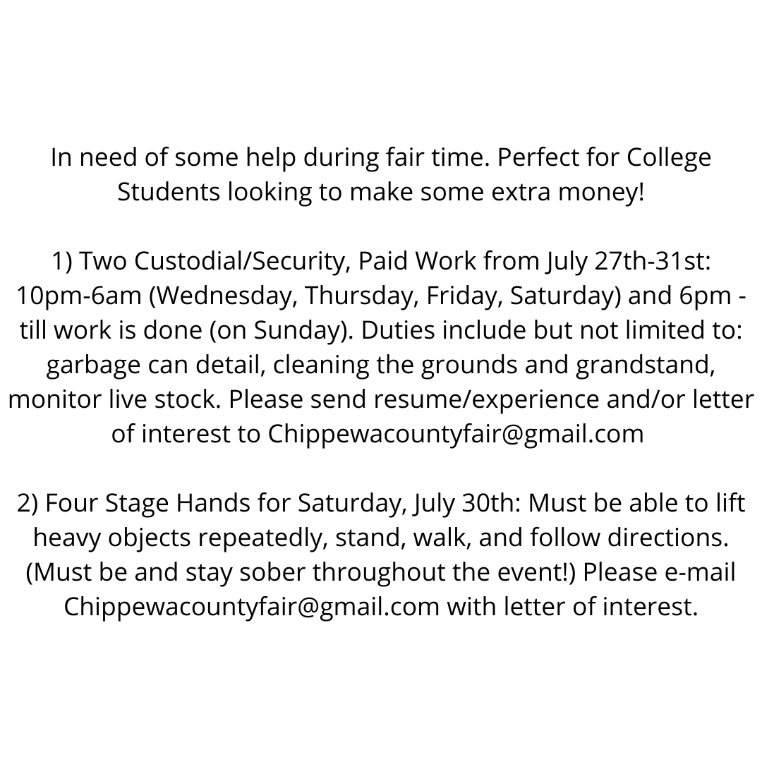 ChippewaCoFair's tweet photo. Help needed during Fair time! https://t.co/Yv89dBKMf9