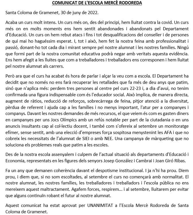 "Si no som escoltades, al setembre el curs no començarà amb normalitat"

Comunicat aprovat per unanimitat a l'escola Mercè Rodoreda de Santa Coloma de Gramenet.

Escolta bé, Cambray.