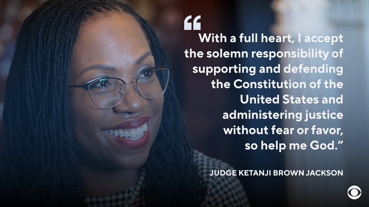 CBSNews's tweet photo. Justice Jackson, in a statement, thanks fmr. Justice Breyer and vows to serve Americans.

"In the wake of his exemplary service, with the support of my family and friends, and ever mindful of the duty to promote the Rule of Law, I am well-positioned to serve the American people." https://t.co/TLD4YKmo1Q