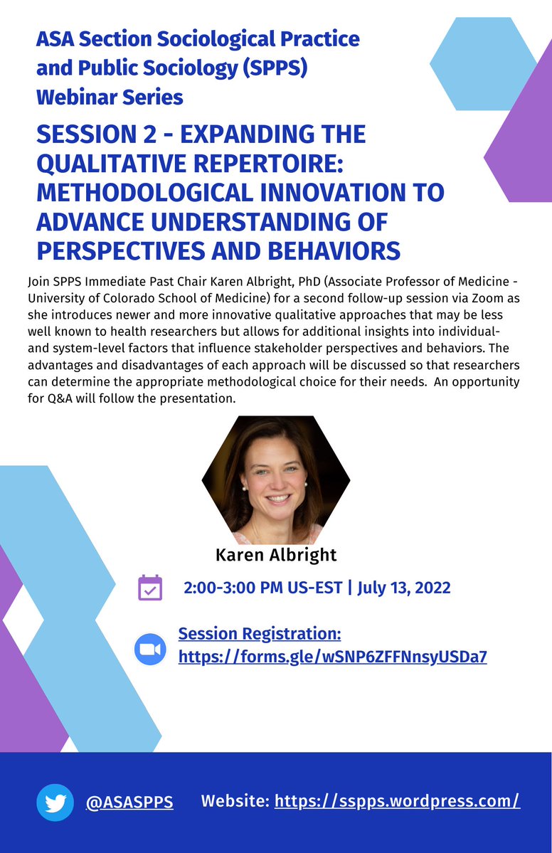 ASASPPS's tweet image. Save the Date: July SPPS Webinar!

Join SPPS Immediate Past Chair Karen Albright 
@NotoriousKRA
 for a 2nd session via Zoom on 6/13: 2-3PM EST as she continues her talk on newer, more innovative qualitative approaches in health research. More info, check description!

#asaspps