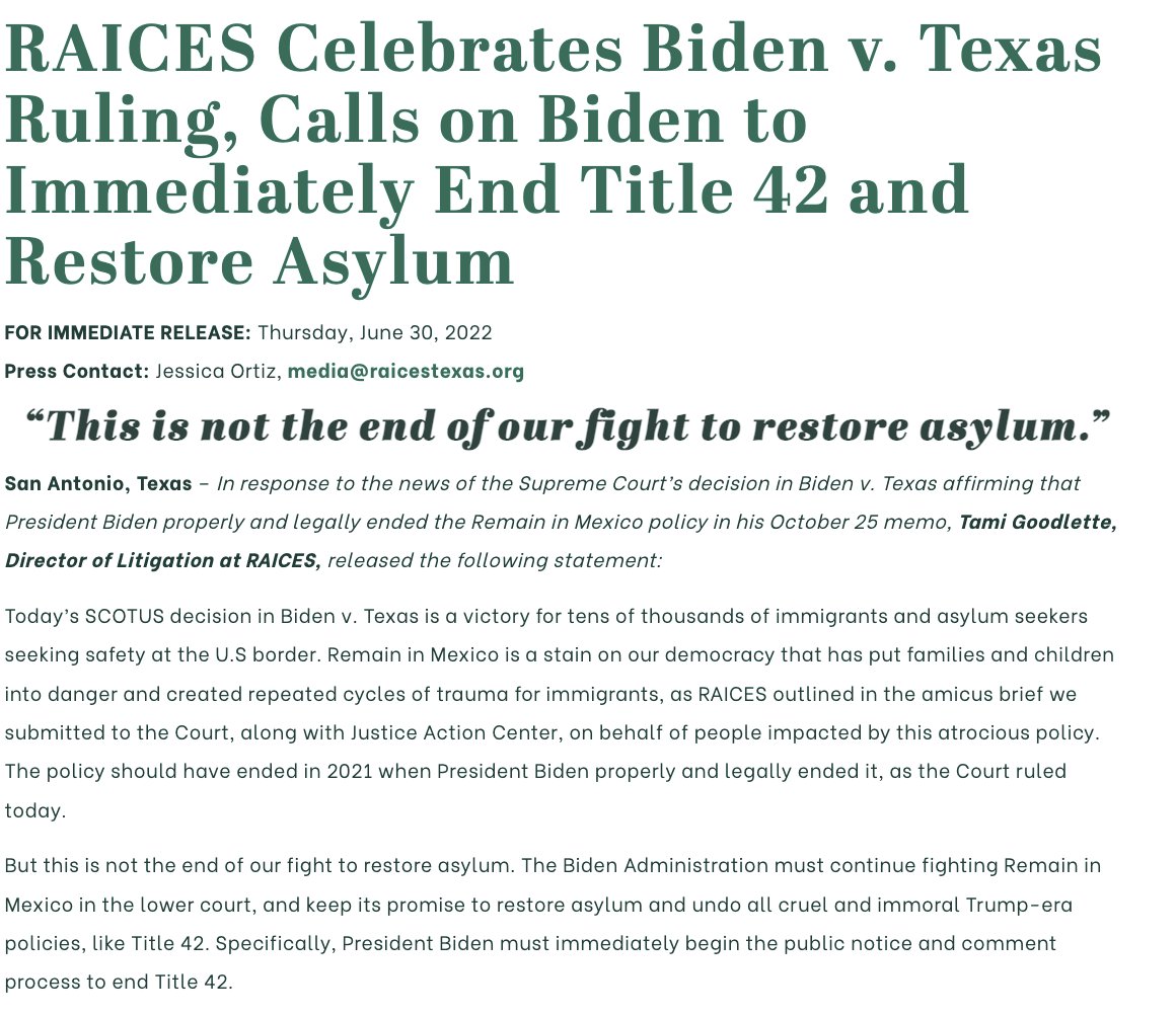 Today’s SCOTUS decision in Biden v. Texas is a victory for tens of thousands of immigrants and asylum seekers seeking safety at the U.S border. #EndMPP #EndTitle42