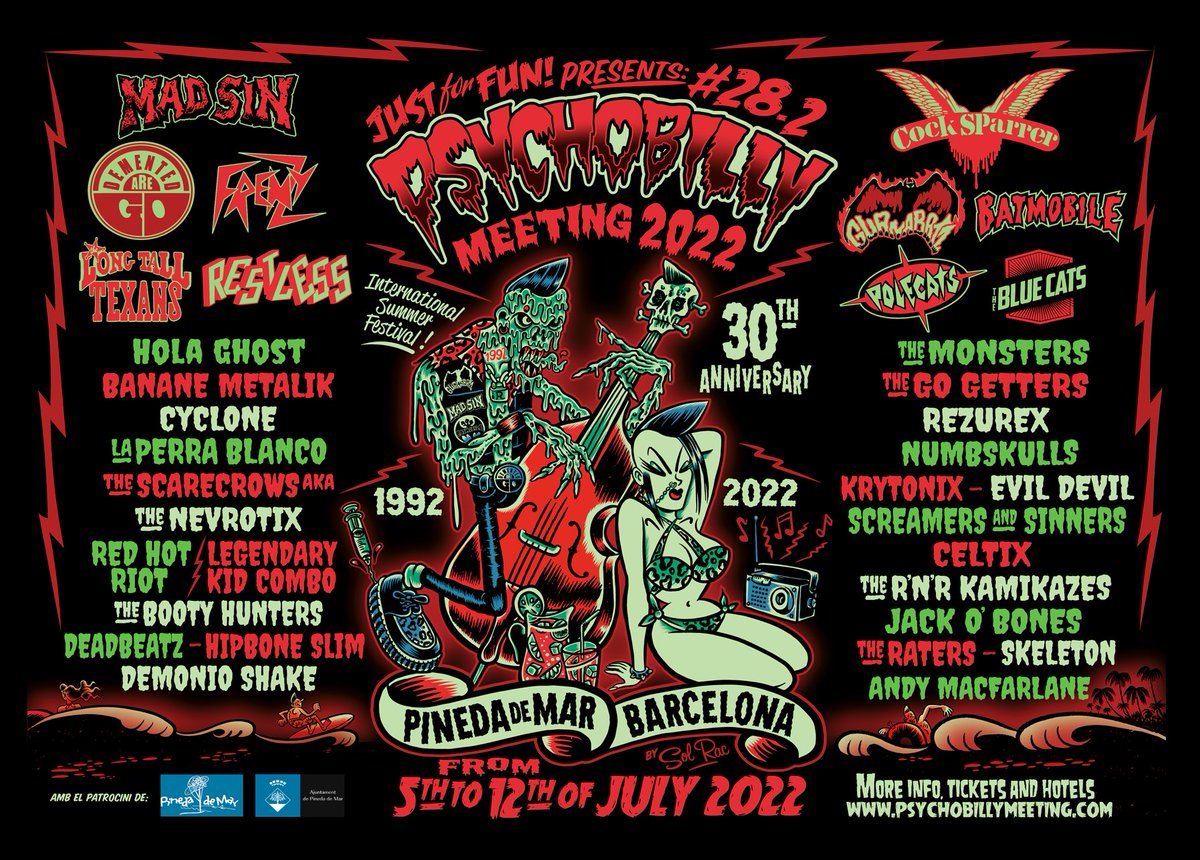 Cartelón para celebrar el 30º aniversario del <a href="/PsychoMeeting/">Psychobilly Meeting</a> de Pineda del Mar.
Kid Marcos se pone a los fogones con un surtido selecto de psychopildorazos.
Sonando ahora en <a href="/radio3_rne/">Radio 3</a>