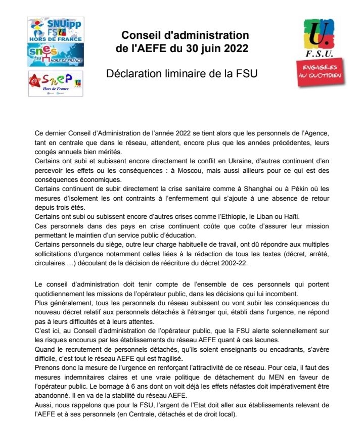 sneshdf's tweet photo. Conseil d'administration de l'#AEFE, déclaration liminaire FSU
Le #bornage des #détachements @education_gouv à 6 ans, dont on voit déjà les effets néfastes, doit impérativement être abandonné. Il en va de la #stabilité du réseau AEFE.
https://t.co/QxZ0RTLhpT https://t.co/VXcQ8ZTtlH